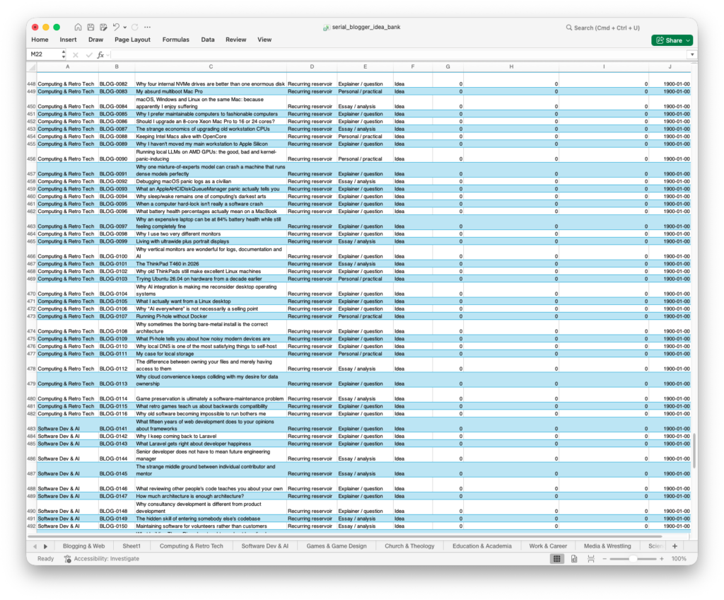A list of topics produced by ChatGPT as Excel worksheet names: Blogging & Web, Computing & Retro Tech, Software Dev & AI, Games & Game Design, Church & Theology, Education & Academia, Work & Career, Media & Wrestling, Science & Nature, Everyday Curiosities, Travel & Society, Personal Reflections