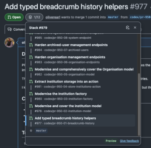 An image demonstration of multiple pull requests being chained together thanks to GitHub's new stacking functionality